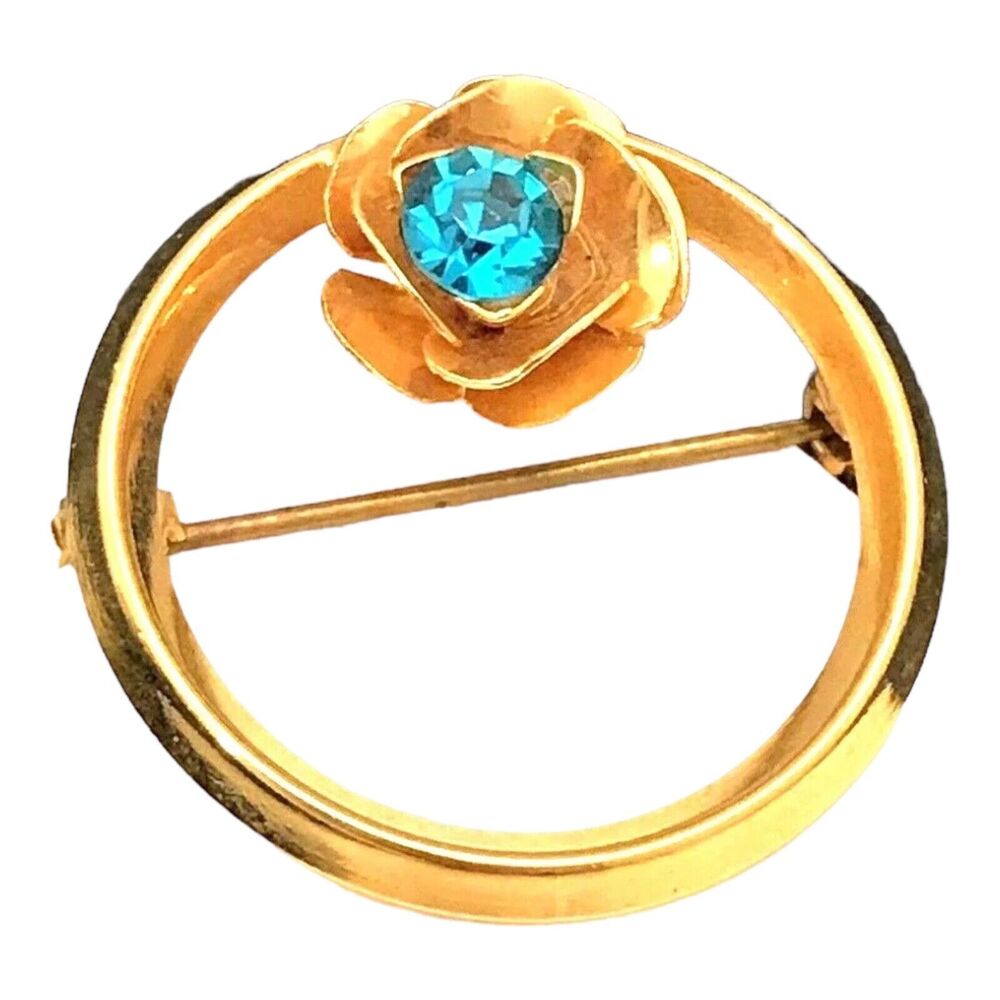 Vintage 1960s Circle Brooch Blue Crystal Flower Gold Tone Pin Mid Century - 6D